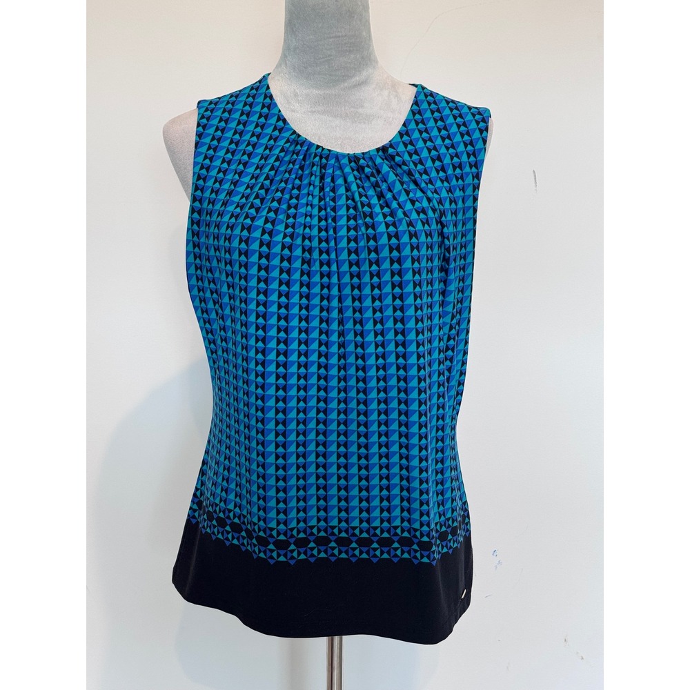 Calvin Klein Blue Geometric Triangle Print Pleated Sleeveless Shell Blouse